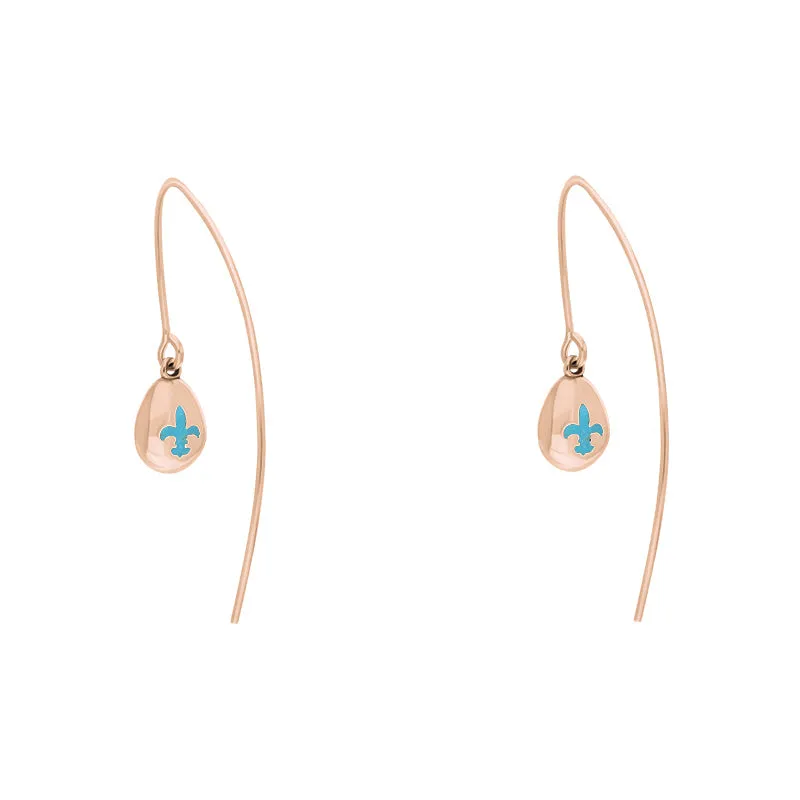 18ct Rose Gold Turquoise Fleur De Lis Disc Drop Earrings