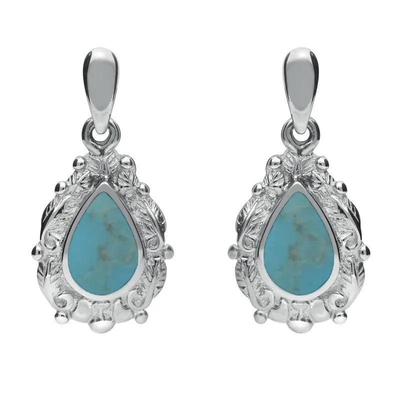 18ct White Gold Turquoise Pear Shaped Leaf Drop Earrings