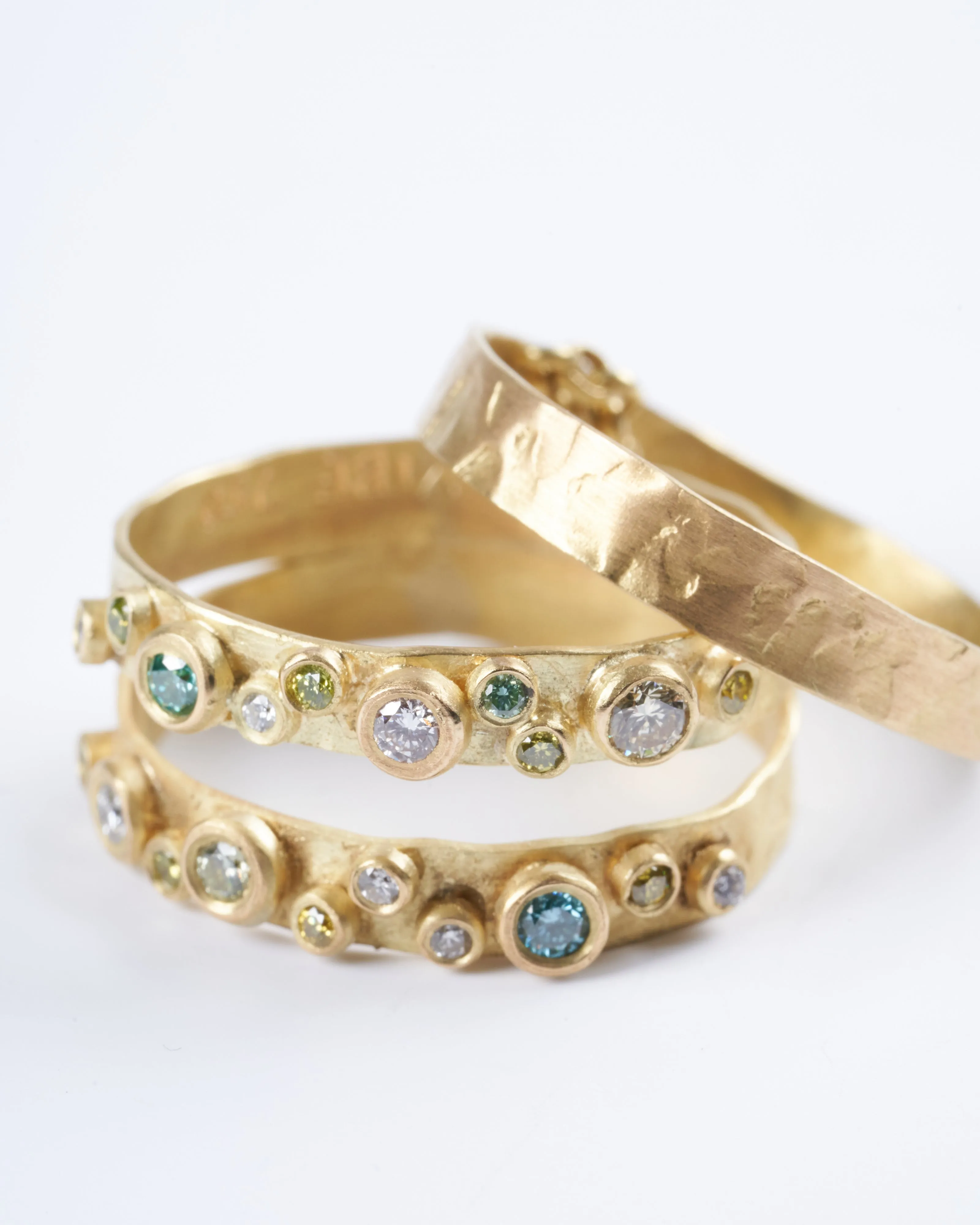 18k yellow gold and multi colored diamond stacked rings - gold