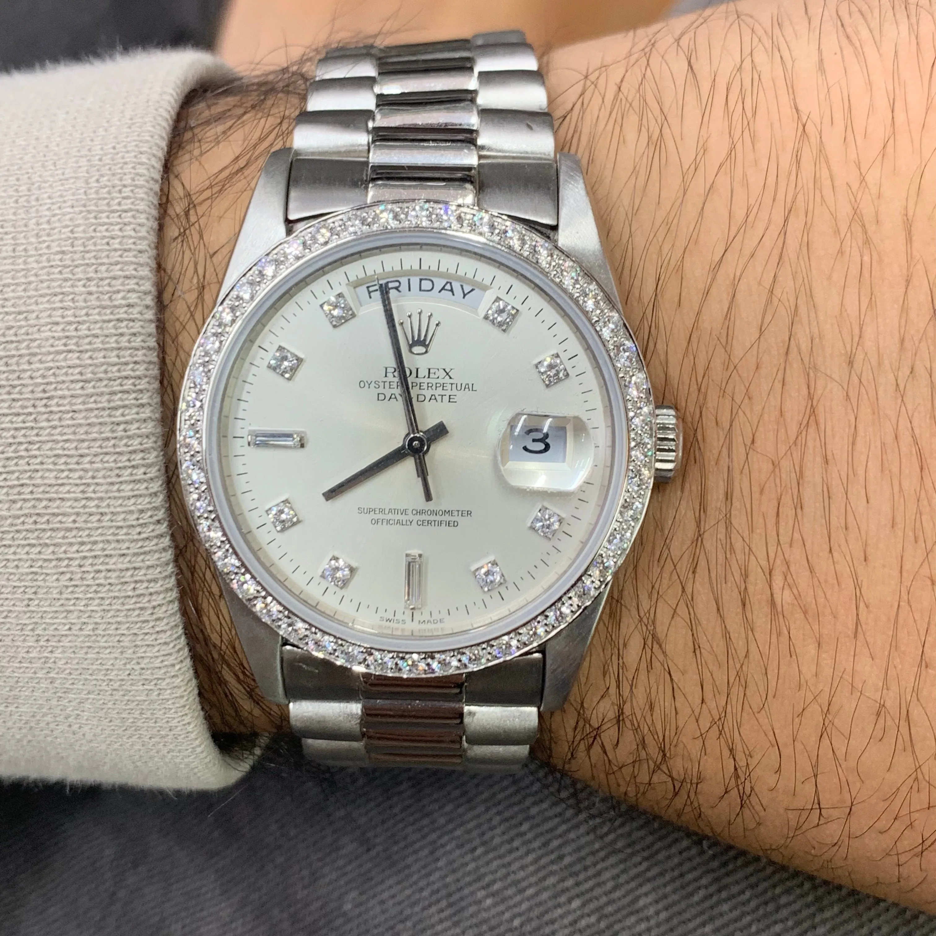 36mm 18k White Gold Rolex Day-Date Platinum Diamond Watch (diamond bezel and dial)