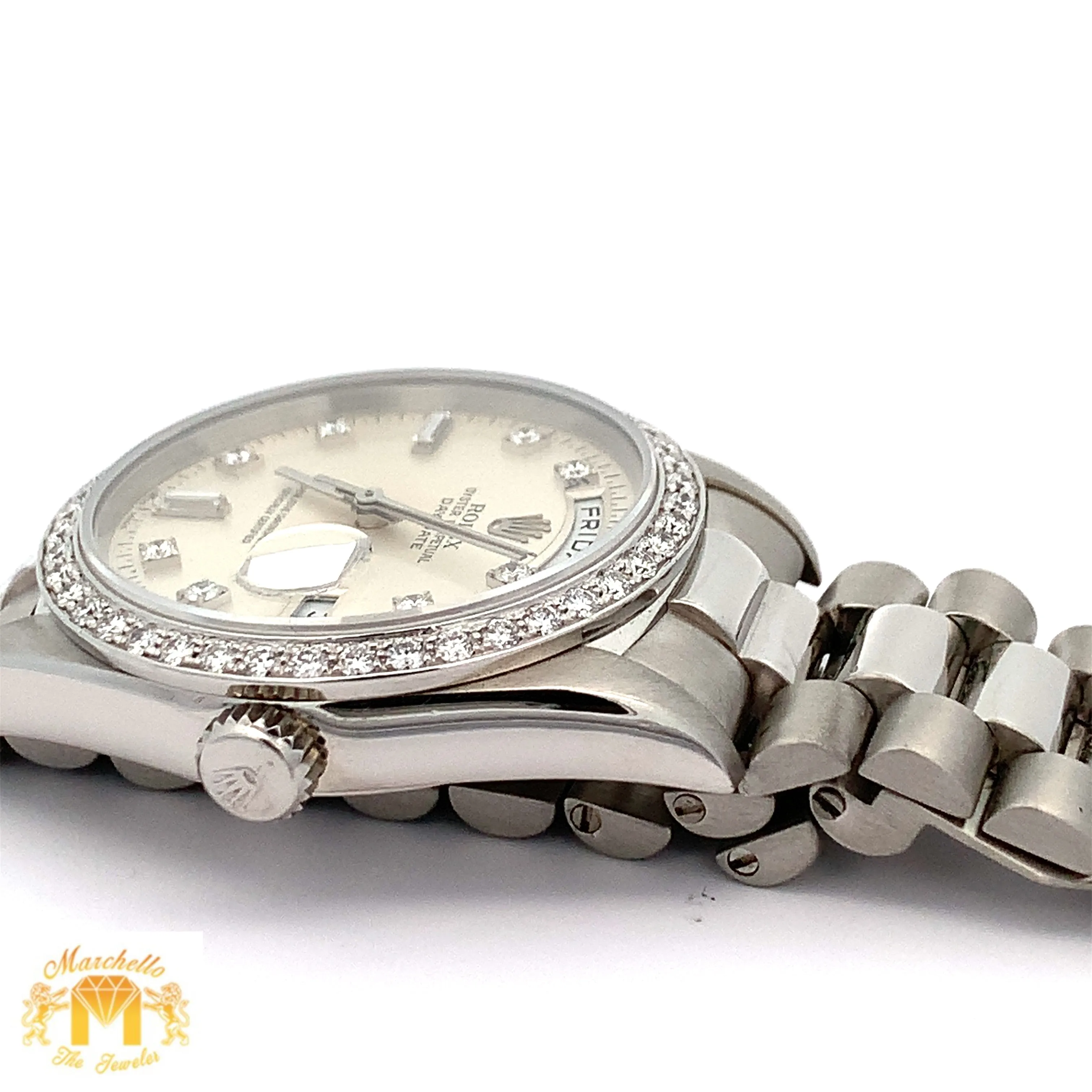 36mm 18k White Gold Rolex Day-Date Platinum Diamond Watch (diamond bezel and dial)