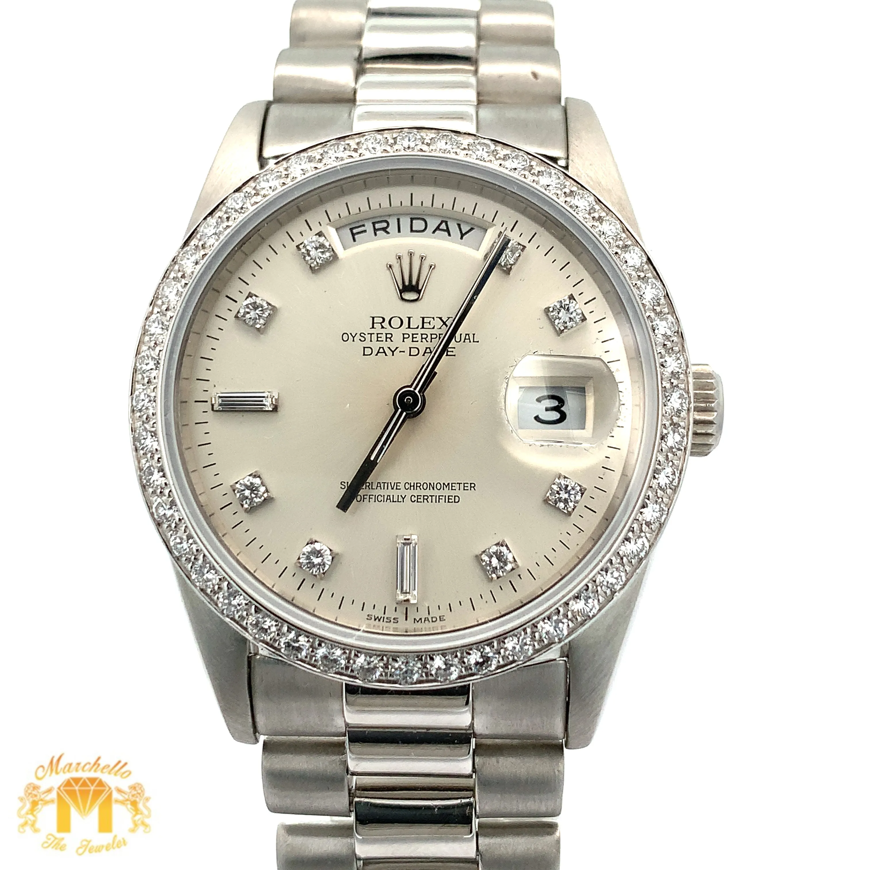 36mm 18k White Gold Rolex Day-Date Platinum Diamond Watch (diamond bezel and dial)