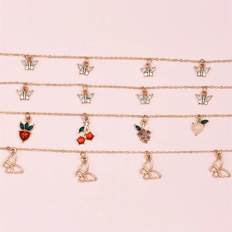 4 Pcs/Set Cute Crystal Apple Cherry Grape Fruits Anklets Set