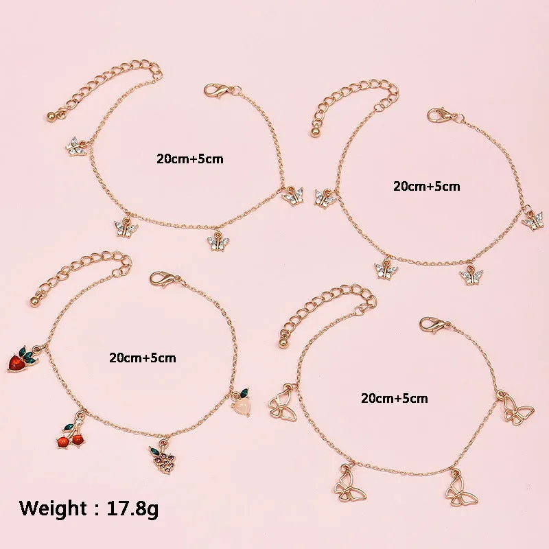 4 Pcs/Set Cute Crystal Apple Cherry Grape Fruits Anklets Set