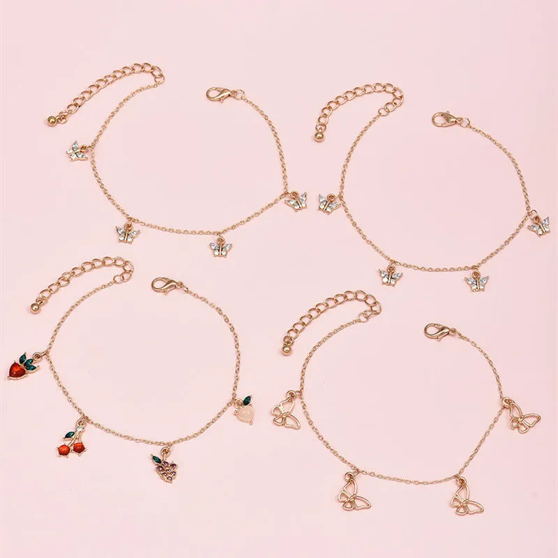 4 Pcs/Set Cute Crystal Apple Cherry Grape Fruits Anklets Set