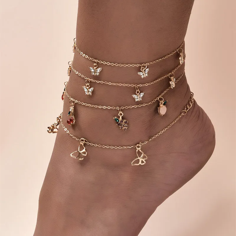 4 Pcs/Set Cute Crystal Apple Cherry Grape Fruits Anklets Set