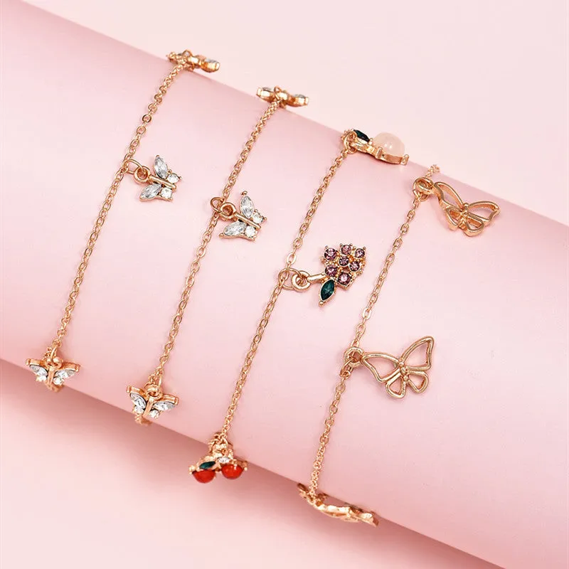 4 Pcs/Set Cute Crystal Apple Cherry Grape Fruits Anklets Set