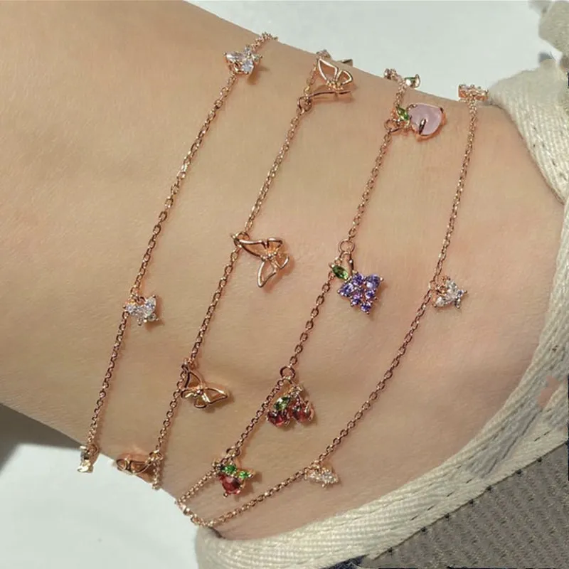 4 Pcs/Set Cute Crystal Apple Cherry Grape Fruits Anklets Set