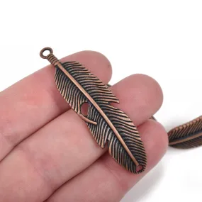 5 FEATHER Bracelet Connector Links, COPPER oxidized metal charms, curved bracelet charms, 57x15mm, 2-1/4" long, chc0060