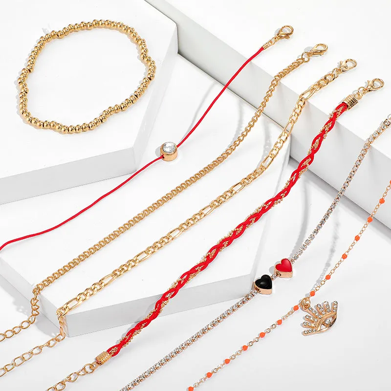 7Pcs/set Bohemian Turkey Eye Pendant Red Rope Anklets for Women