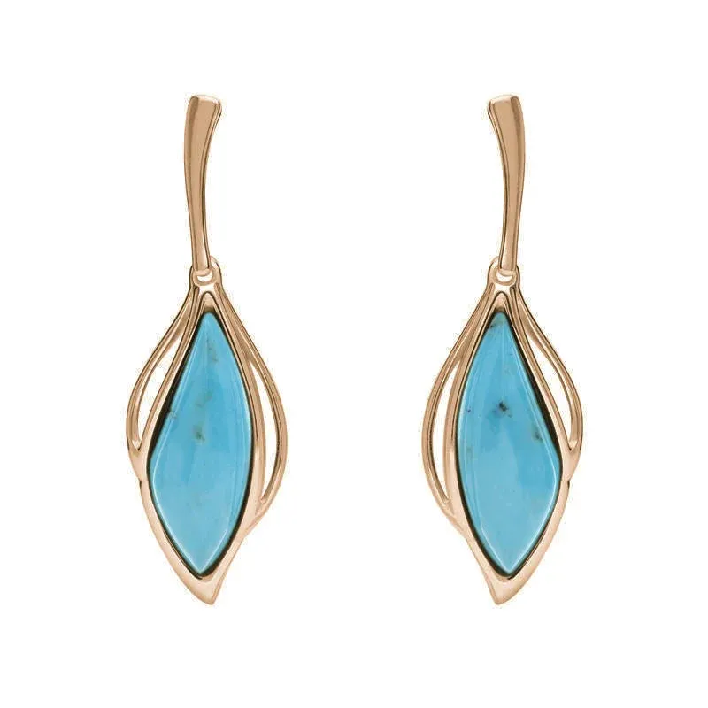 9ct Rose Gold Turquoise Open Marquise Drop Earrings