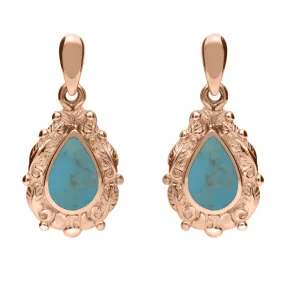 9ct Rose Gold Turquoise Pear Shaped Leaf Drop Earrings