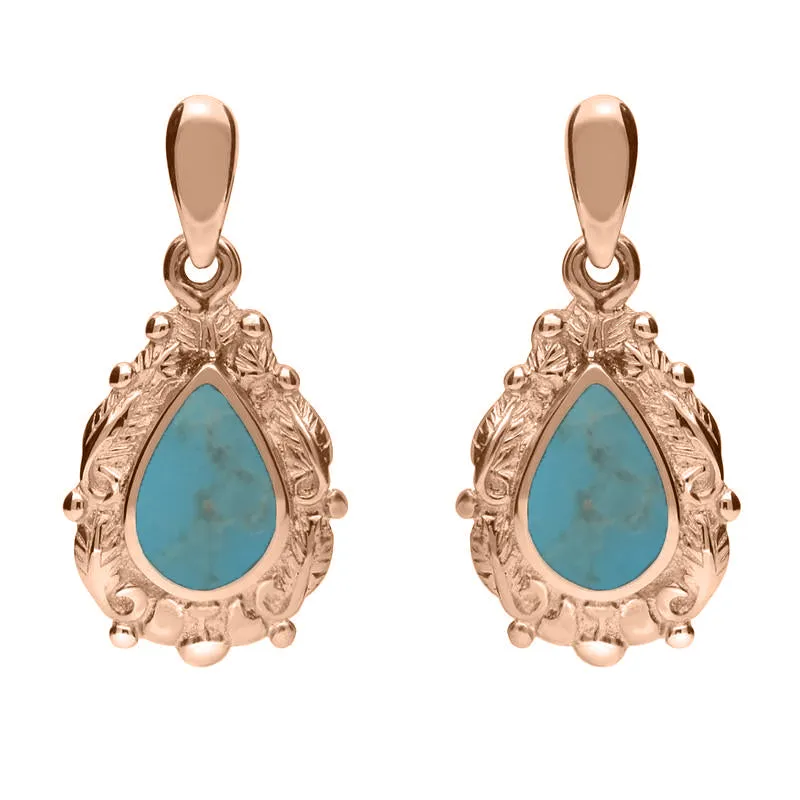 9ct Rose Gold Turquoise Pear Shaped Leaf Drop Earrings