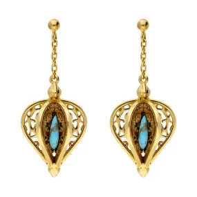 9ct Yellow Gold Turquoise Flore Filigree Drop Earrings
