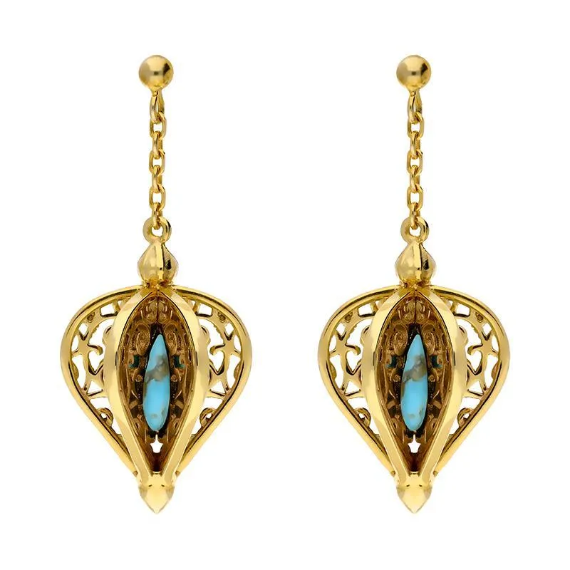 9ct Yellow Gold Turquoise Flore Filigree Drop Earrings