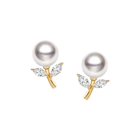 Akoya Pearl 18K Gold Diamond Dandelion Ear Studs Earrings