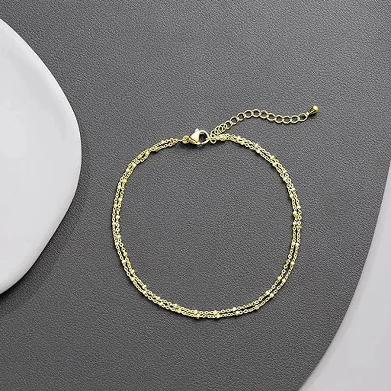 Ankle Bracelets for Women, Plated Layered Beads Anklets Bracelets for Women Girls Summer Jewelry Gifts