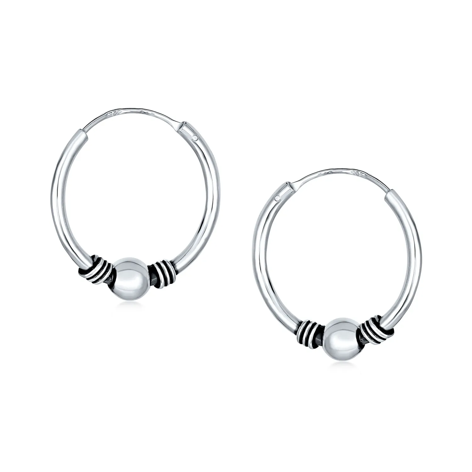 Balinese Tribal Ball Bead Hoop Huggie Earrings Sterling Silver Various Sizes