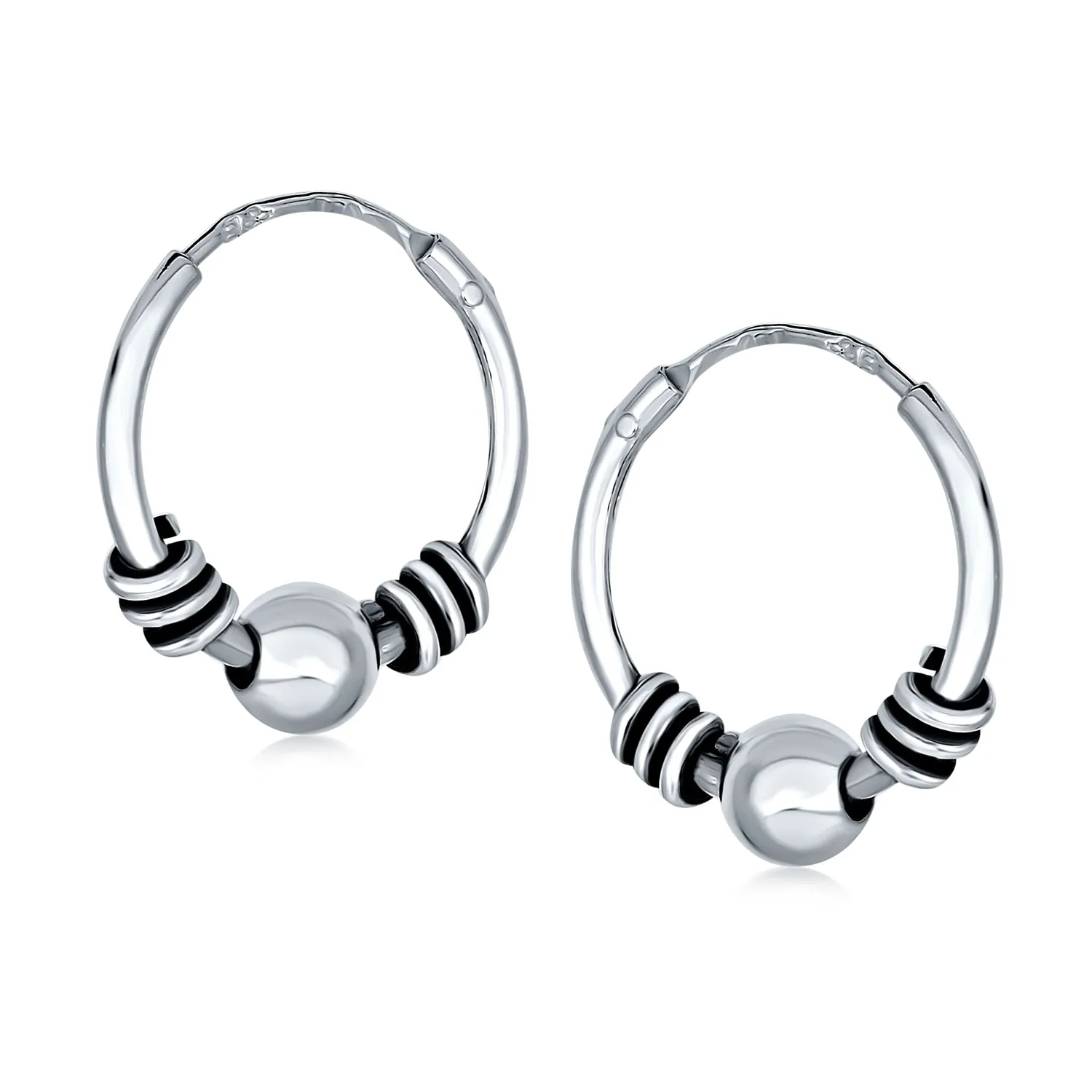 Balinese Tribal Ball Bead Hoop Huggie Earrings Sterling Silver Various Sizes