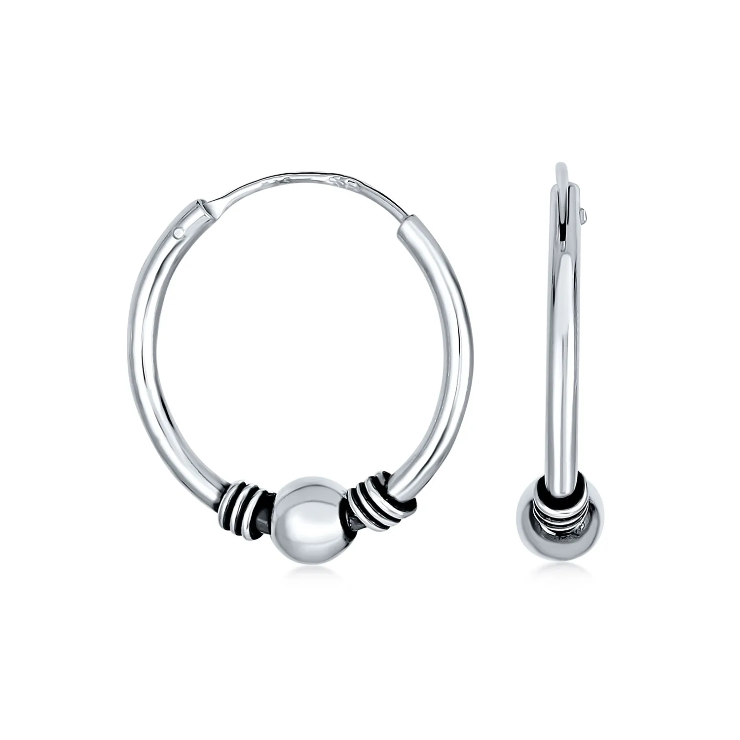 Balinese Tribal Ball Bead Hoop Huggie Earrings Sterling Silver Various Sizes