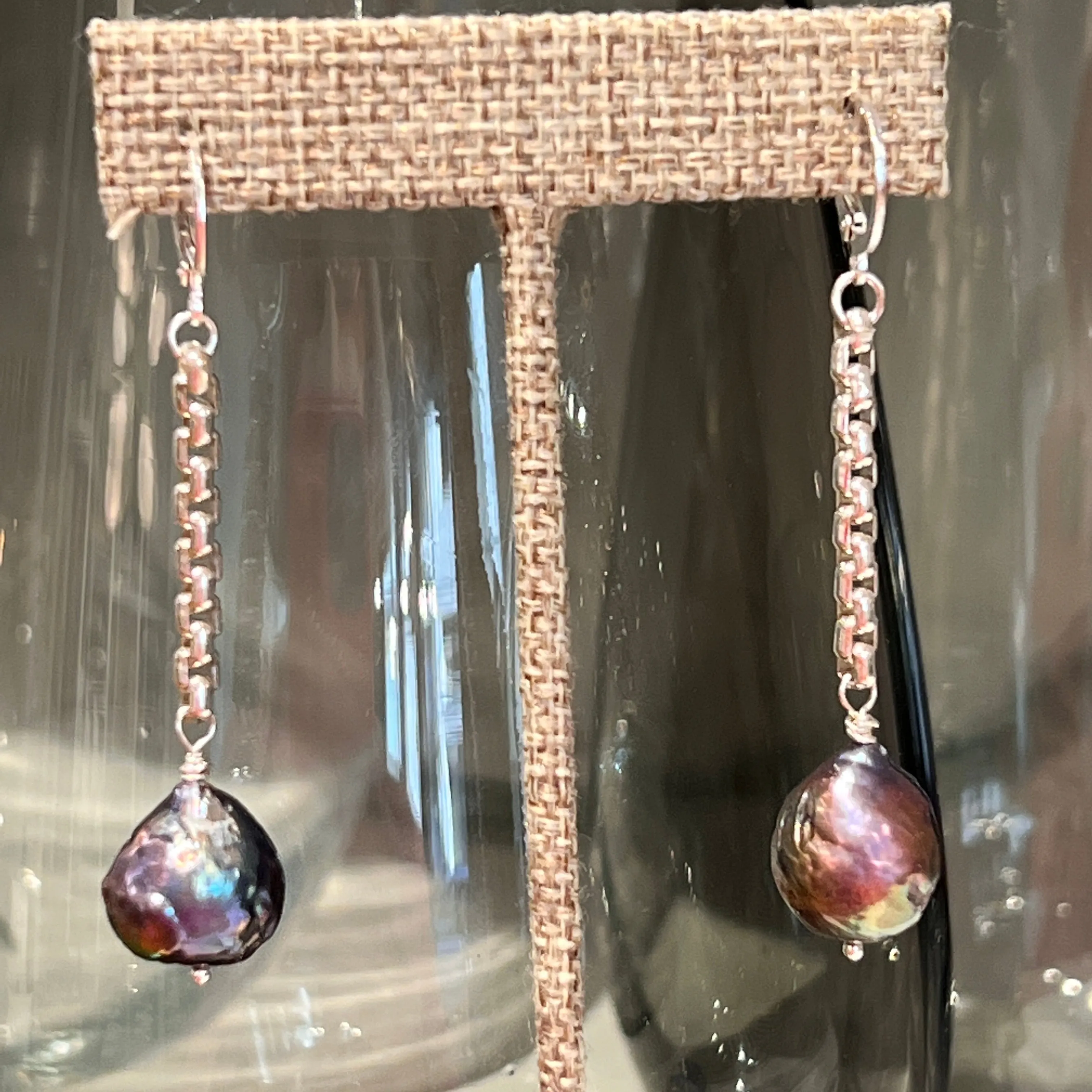 Baroque Black Pearl Earrings on SS Box Chains