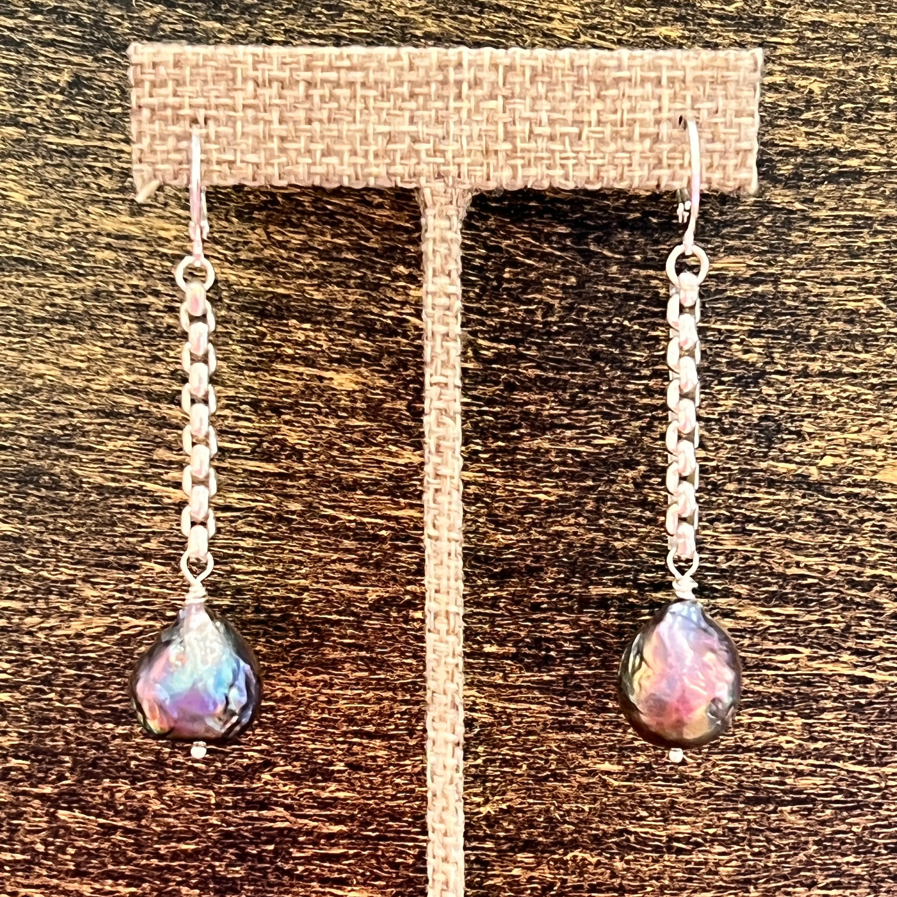 Baroque Black Pearl Earrings on SS Box Chains