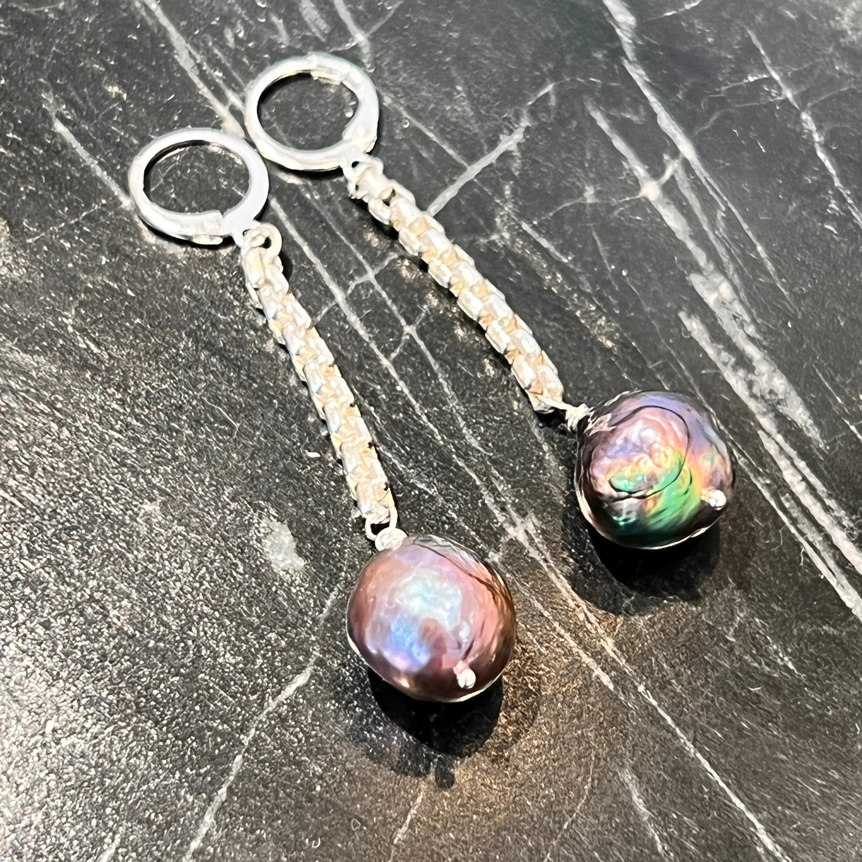Baroque Black Pearl Earrings on SS Box Chains