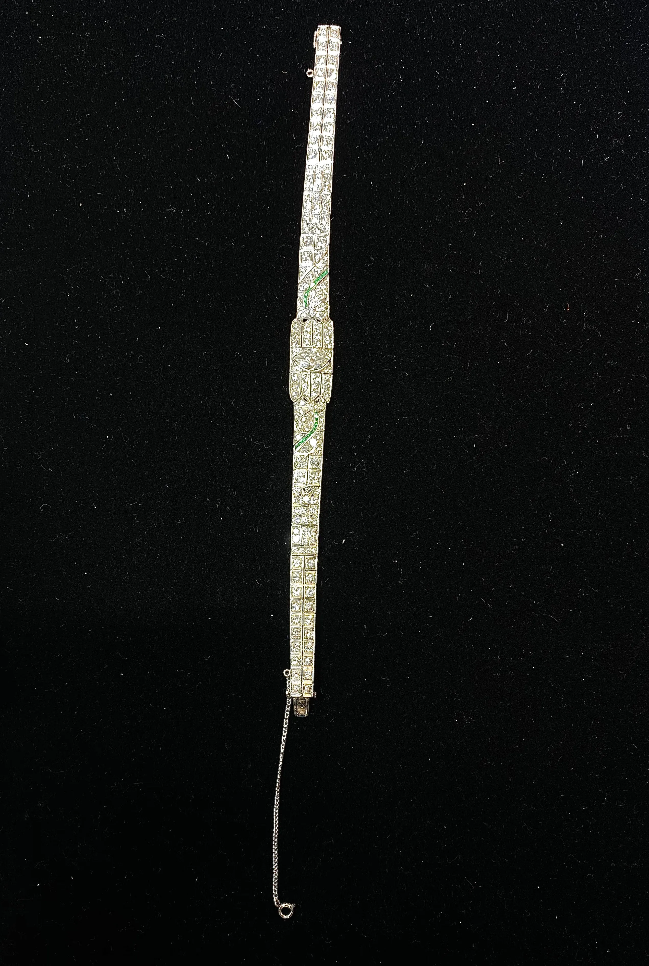BEAUTIFUL Intricate Art Deco Platinum Bracelet w/ 160 Diamonds/Emerald - $200K APR Value w/ CoA!
