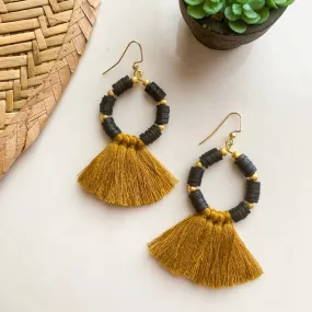 Black and Gold Beaded Hoop with Mustard Tassel Earrings