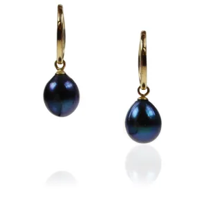 Black Freshwater Pearl 18ct Gold 'Skinny-Hoop' Earrings