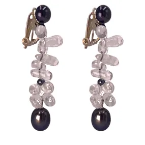 Black Freshwater Pearl & Rock Crystal Clip On 'Twinkling Light' Earrings