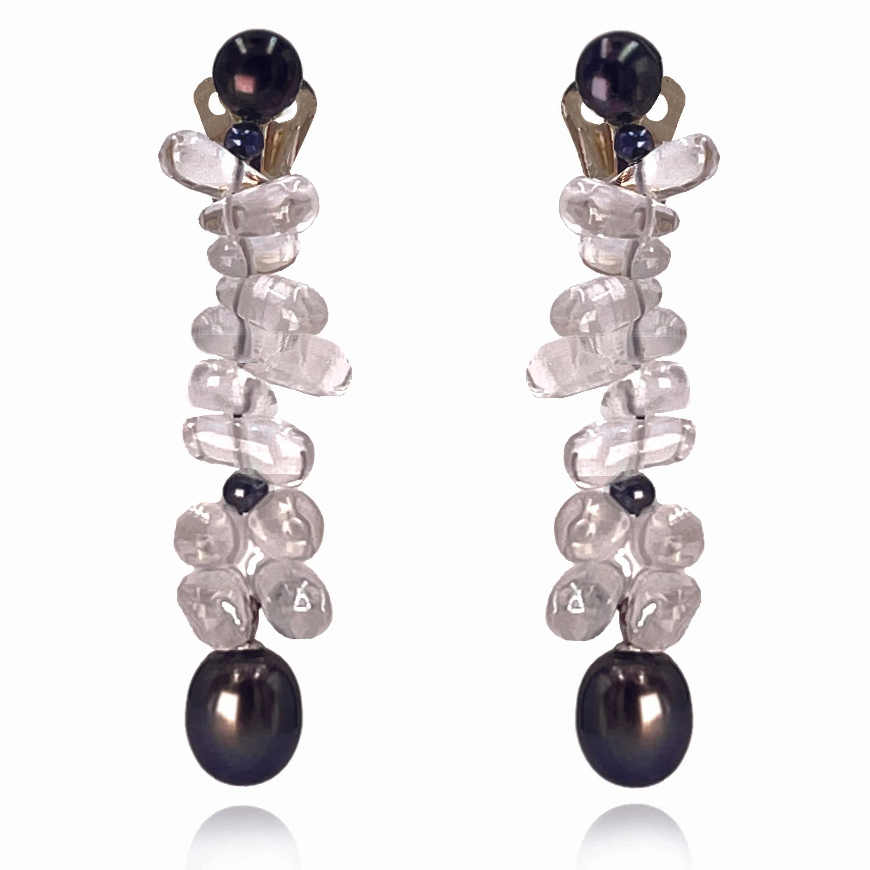 Black Freshwater Pearl & Rock Crystal Clip On 'Twinkling Light' Earrings