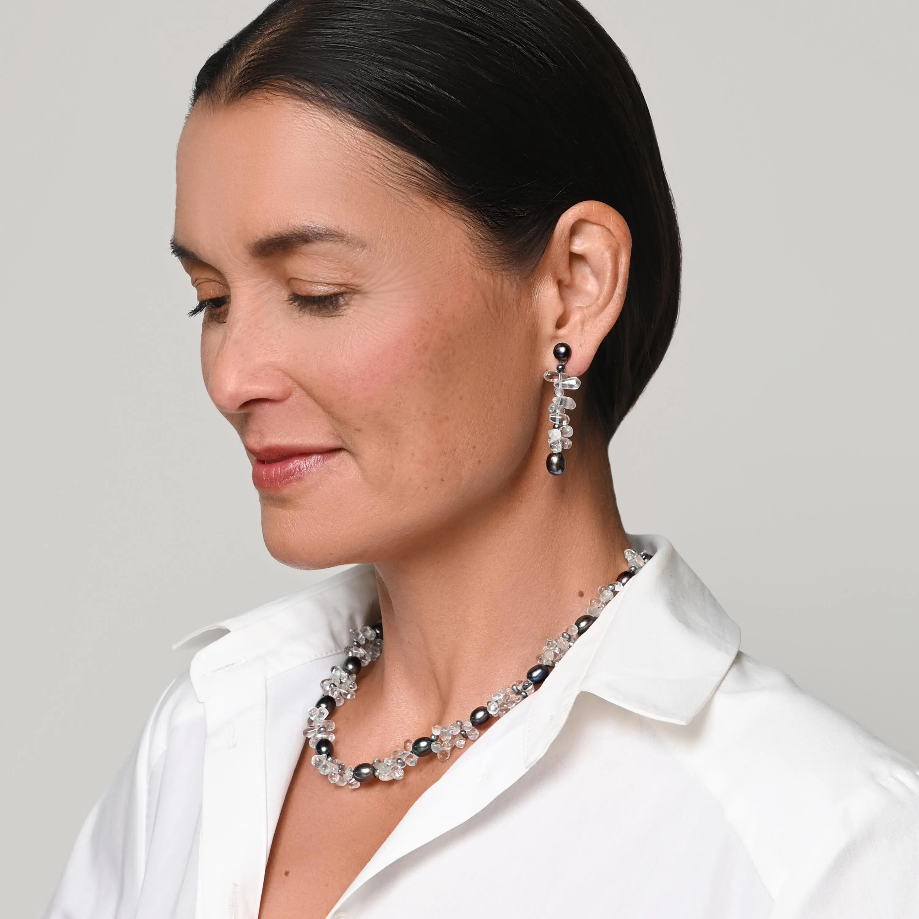 Black Freshwater Pearl & Rock Crystal Clip On 'Twinkling Light' Earrings