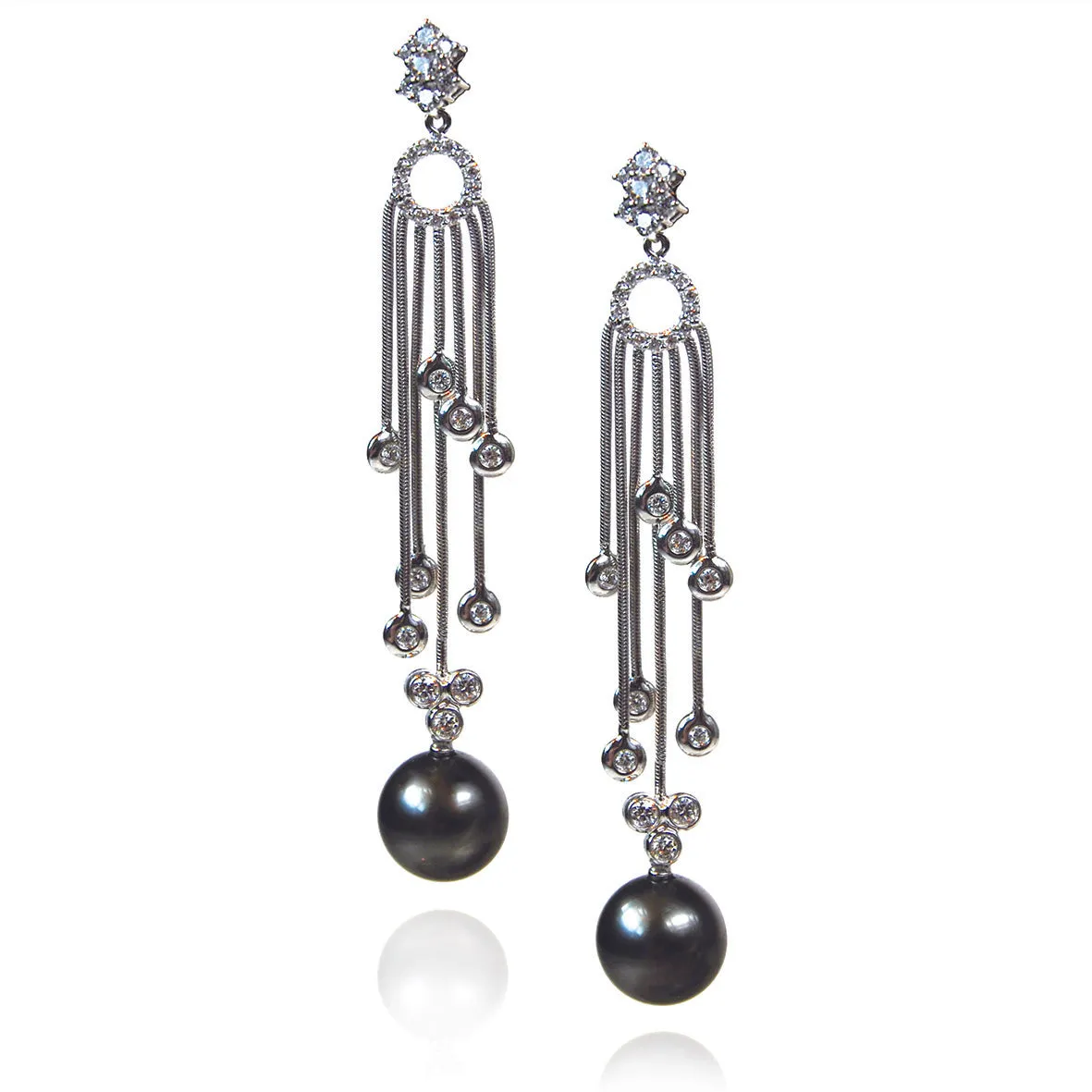 Black Tahitian Pearl & Diamond 'Tsarina' Cascade Drop  Earrings