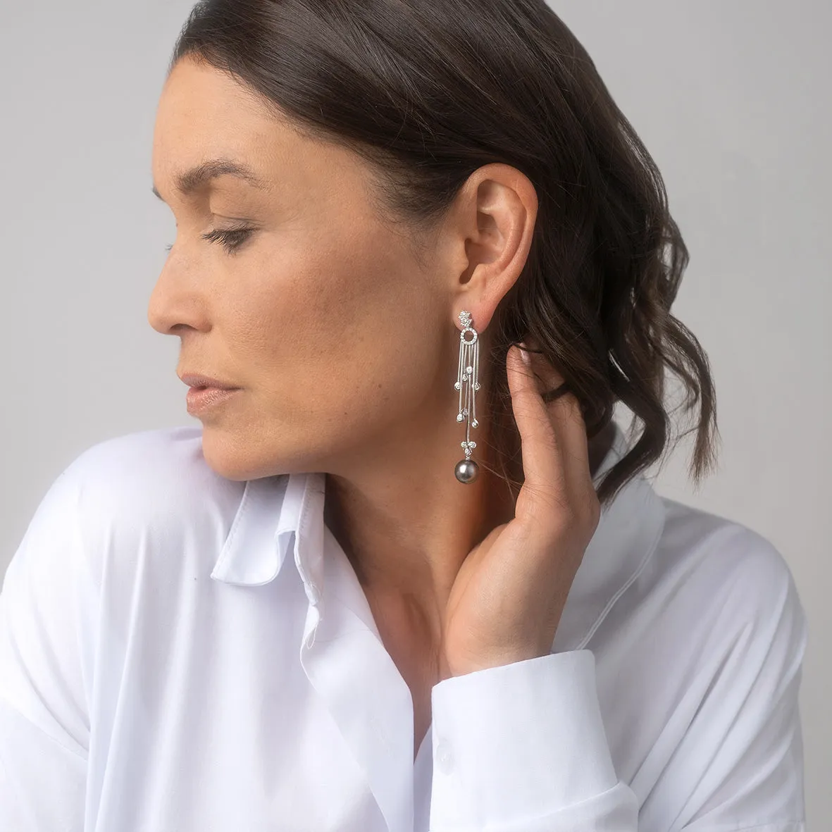 Black Tahitian Pearl & Diamond 'Tsarina' Cascade Drop  Earrings