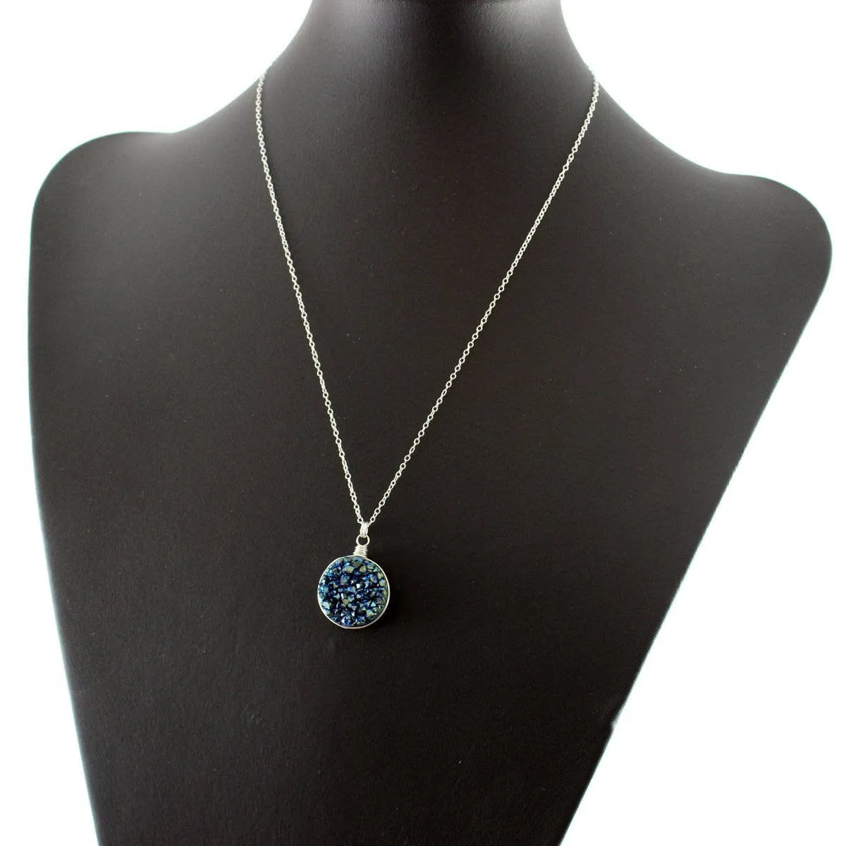Blue Green Large Druzy Sterling Silver Necklace