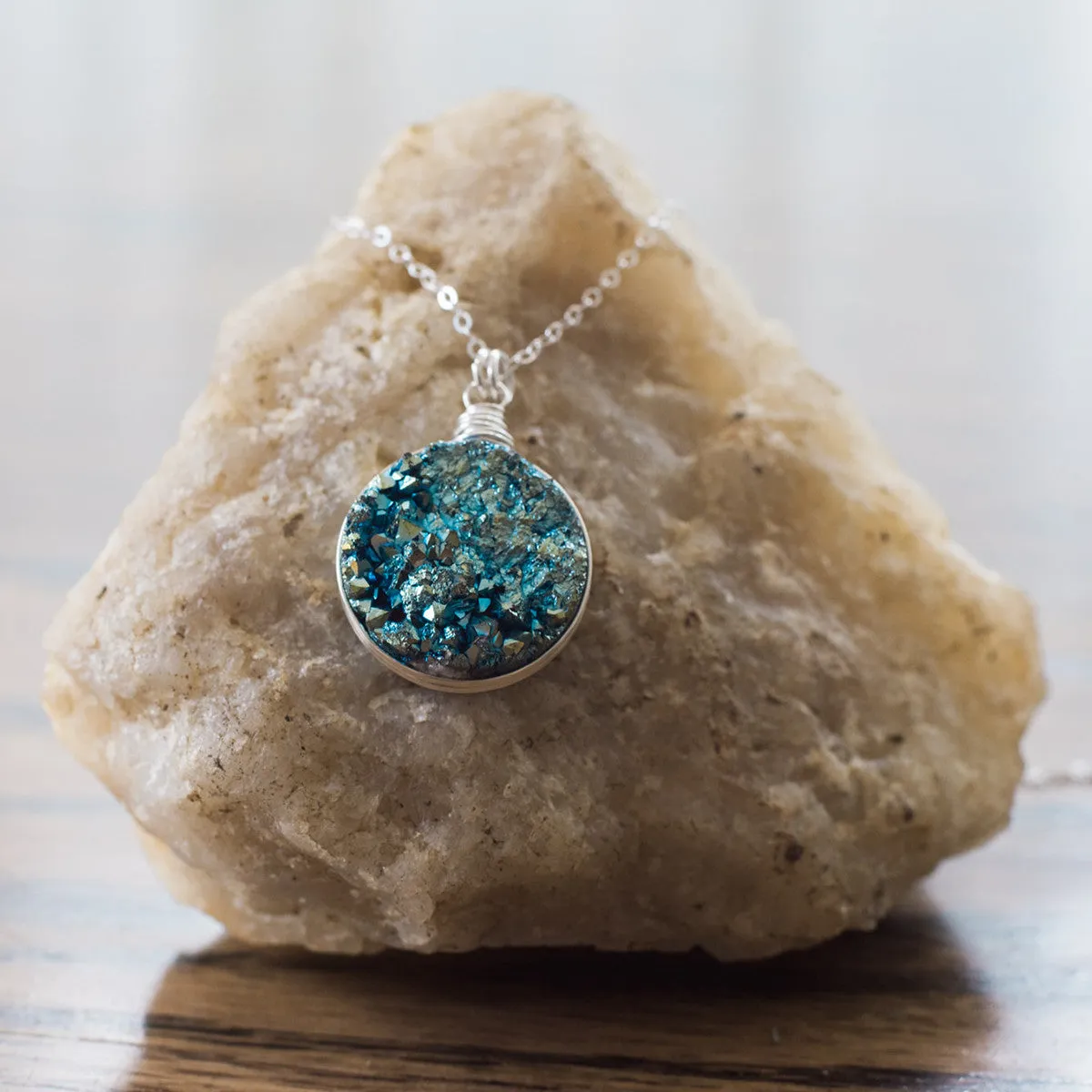 Blue Green Large Druzy Sterling Silver Necklace