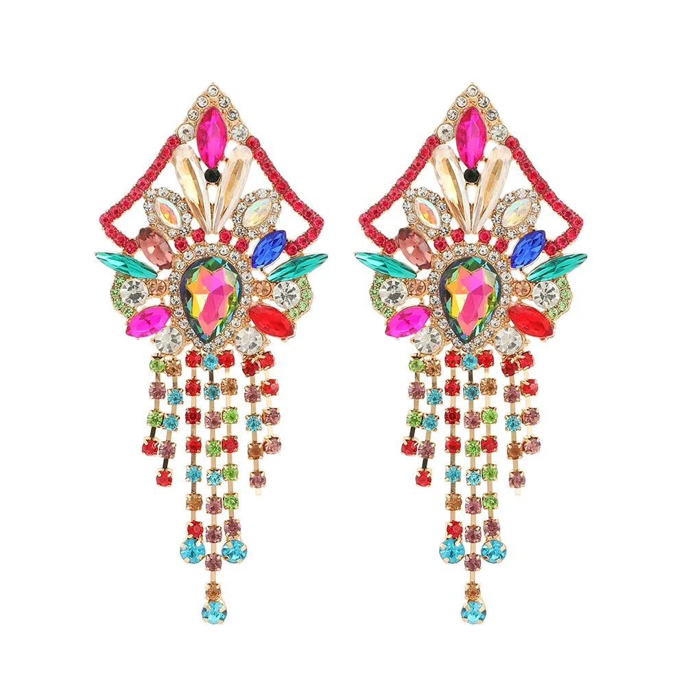 Bohemian Ethnic Style Colorful Crystal Tassel Long Hanging Earrings For Women