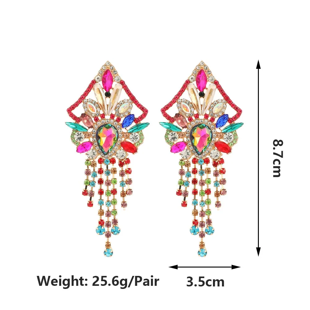 Bohemian Ethnic Style Colorful Crystal Tassel Long Hanging Earrings For Women