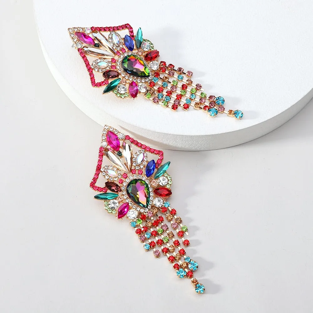 Bohemian Ethnic Style Colorful Crystal Tassel Long Hanging Earrings For Women