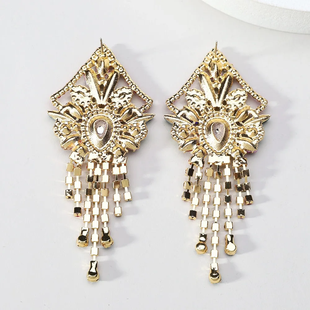 Bohemian Ethnic Style Colorful Crystal Tassel Long Hanging Earrings For Women