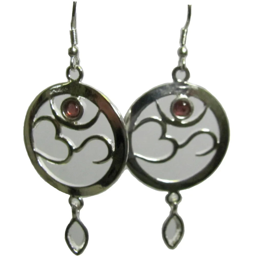 Bohemian Om Yoga Chakra Sanskrit Hoop Dangling Silver Earrings with Garnet Stone #39