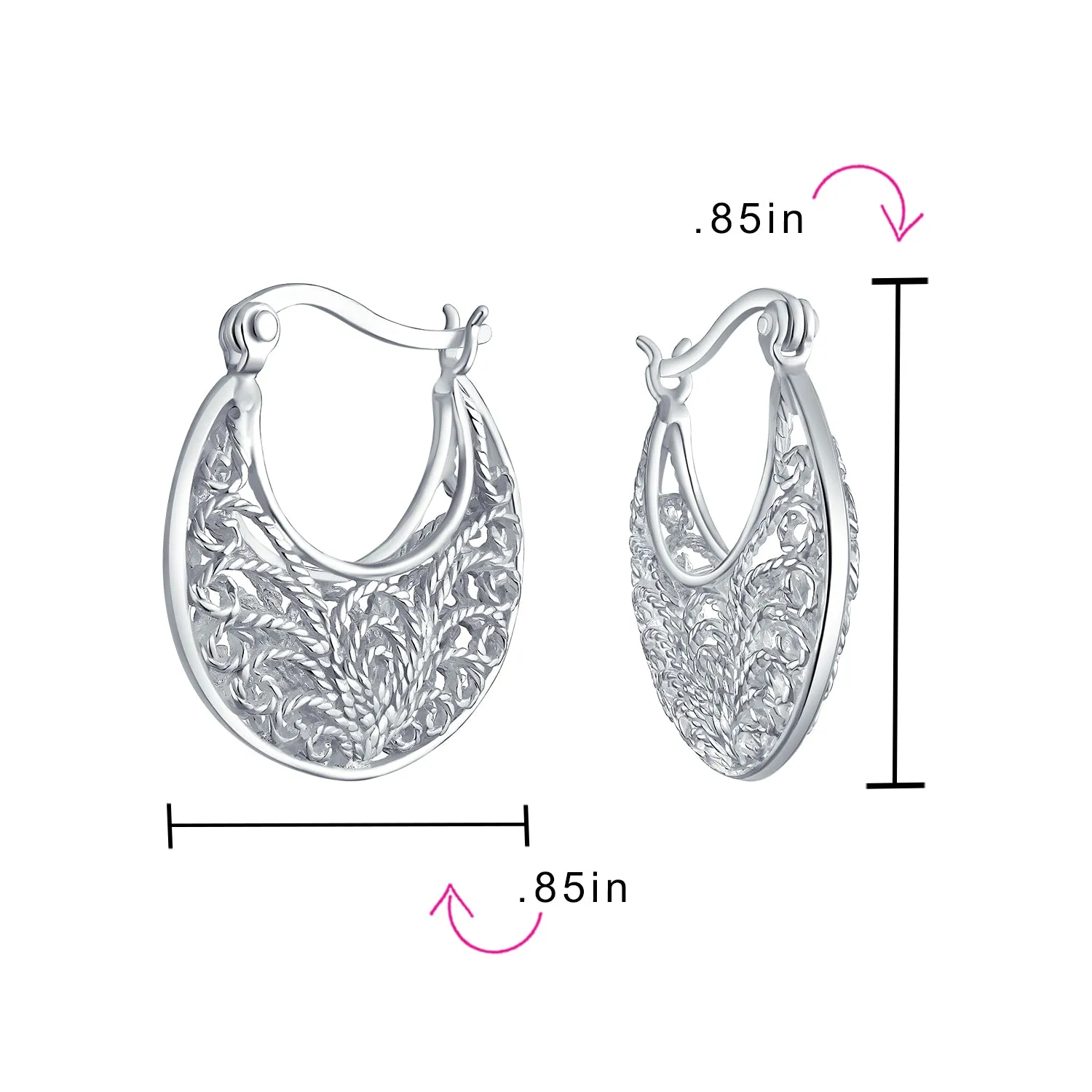 Boho Bali Floral Scroll Filigree Hoop Huggie Earrings Sterling Silver .75 Inch