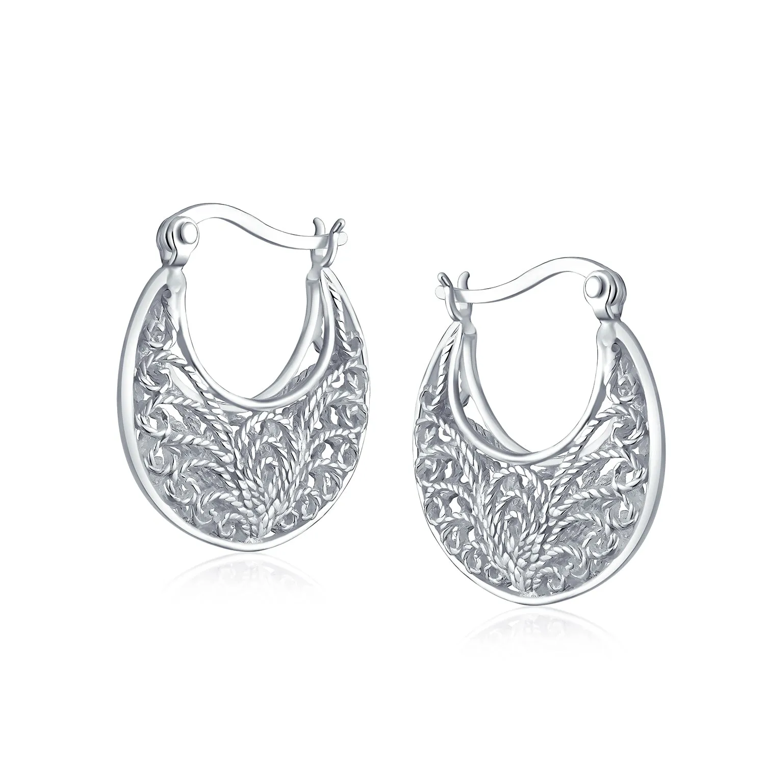 Boho Bali Floral Scroll Filigree Hoop Huggie Earrings Sterling Silver .75 Inch