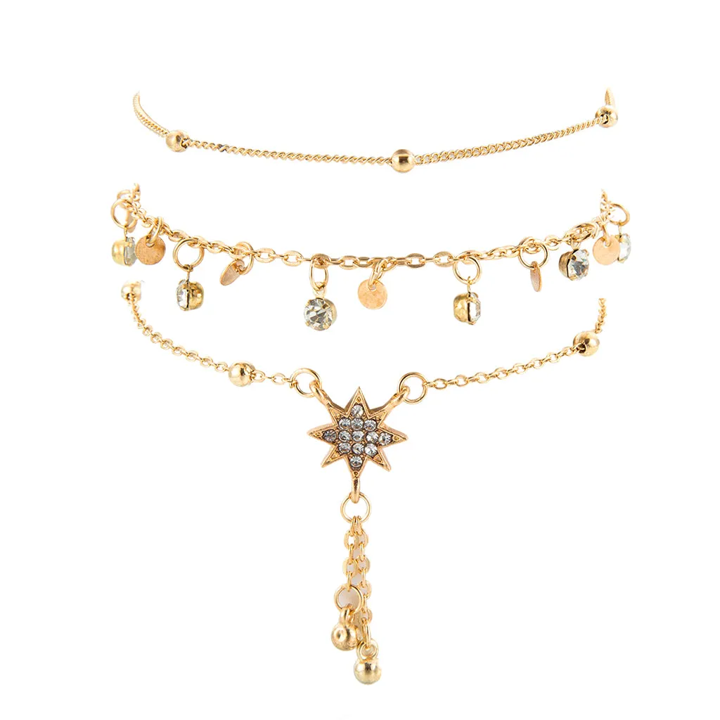 Boho Gold Metal Chain Water Drops Crystal Pendant Layered Anklet