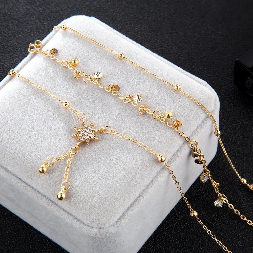 Boho Gold Metal Chain Water Drops Crystal Pendant Layered Anklet