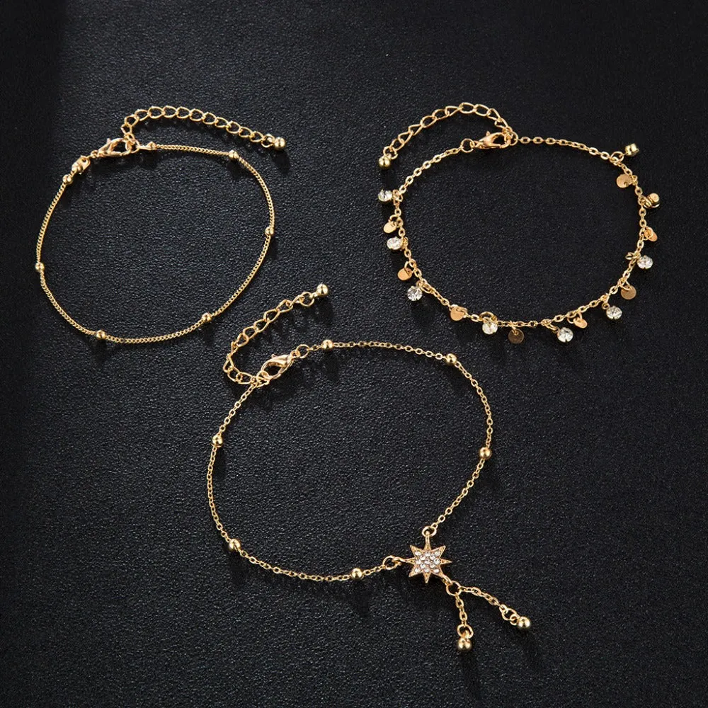 Boho Gold Metal Chain Water Drops Crystal Pendant Layered Anklet