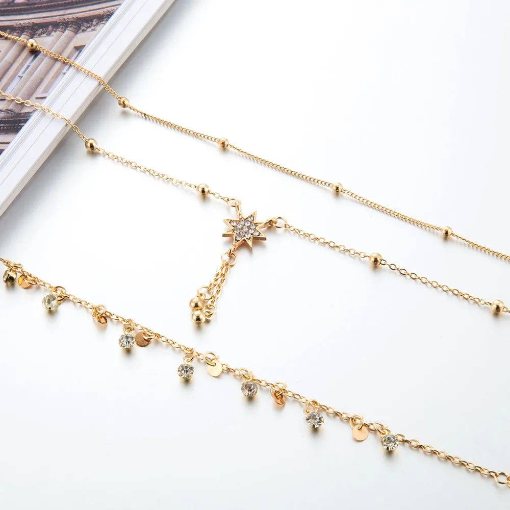 Boho Gold Metal Chain Water Drops Crystal Pendant Layered Anklet