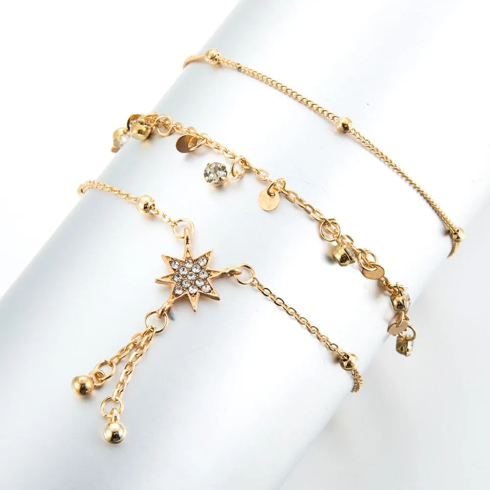 Boho Gold Metal Chain Water Drops Crystal Pendant Layered Anklet