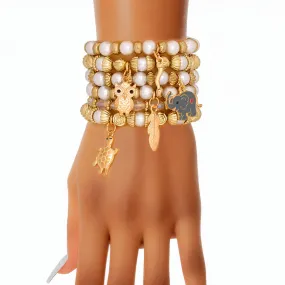 Bracelet White Pearl Gold Bead Animal Charm Set